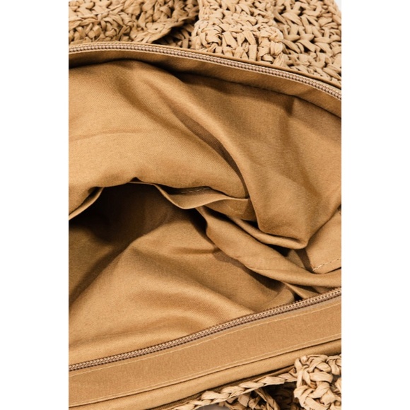 SOLD OUT Khaki Floral Straw Braided Woven Pattern Tote Bag - Picture 4 of 4